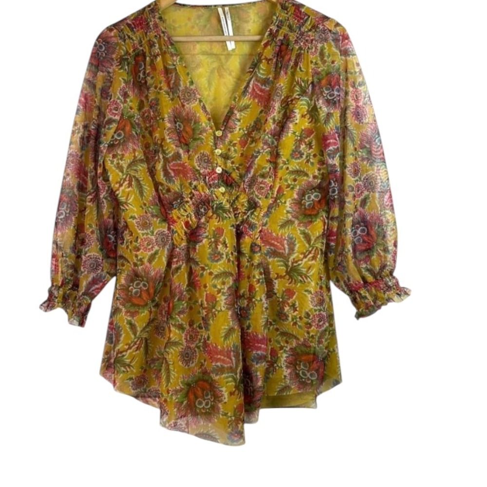 Anthropologie Gretchen Gold Boho Top Floral Smocked Blouse Womens S